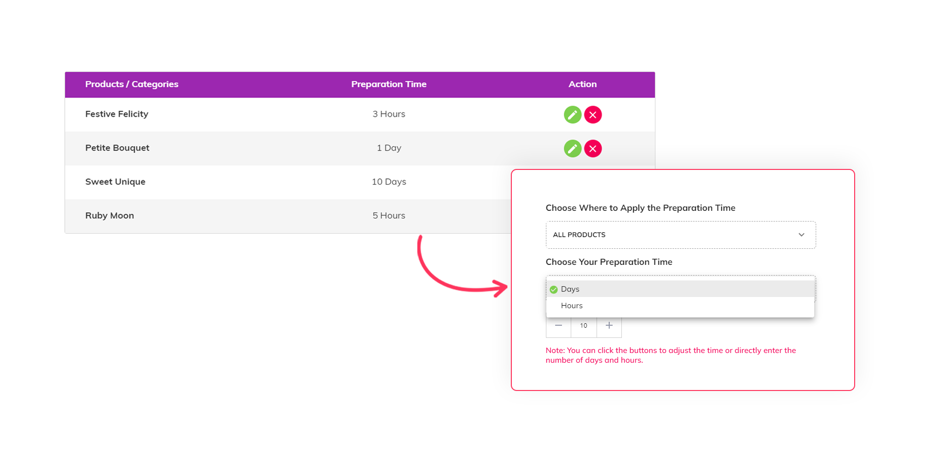 eLocal app settings interface illustrating how to configure preparation time for product categories in hours and days.