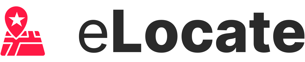 eLocate logo: red map pin with white star on a stylized map, followed by bold black wordmark “eLocate.”
