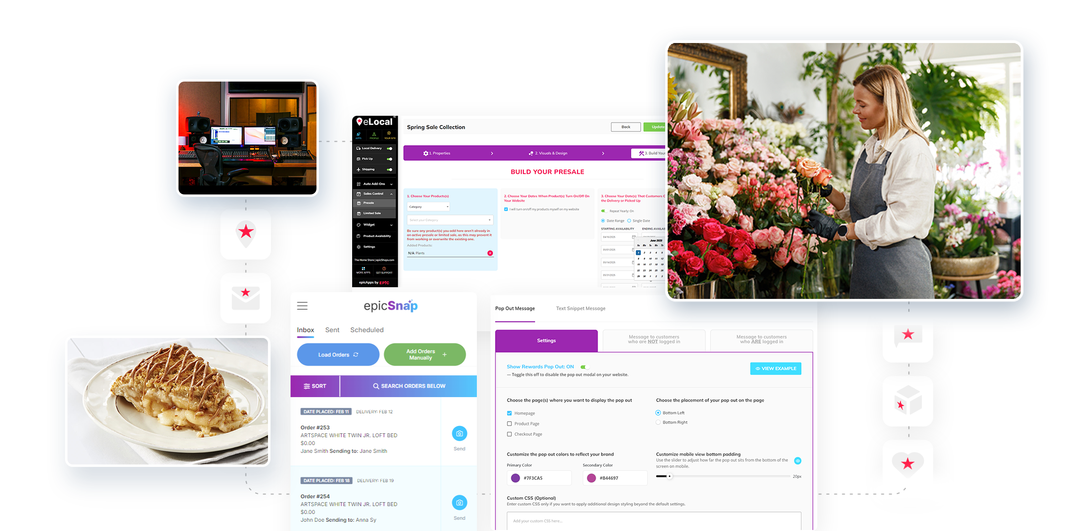 Collage of ecommerce web apps: order inbox, pop-out settings, and presale tools, beside a florist using them in her shop.