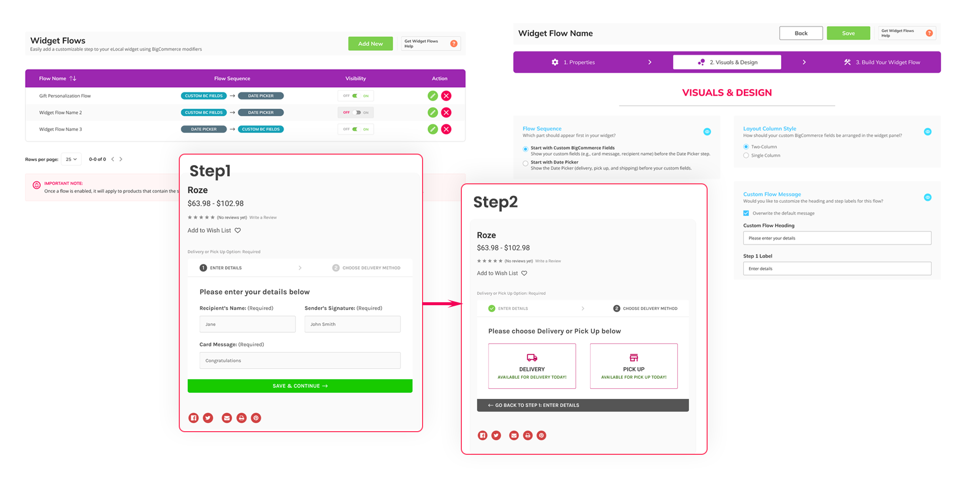 An eLocal app's dashboard displays. Let customers fill BigCommerce custom fields inside the eLocal widget and reorder steps.
