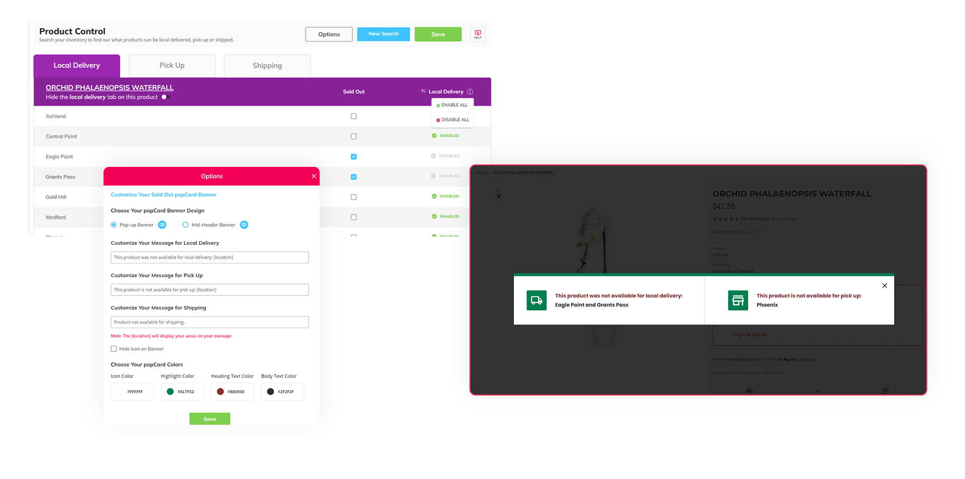 eLocal apps dashboard for managing product availability by fulfillment type and area.