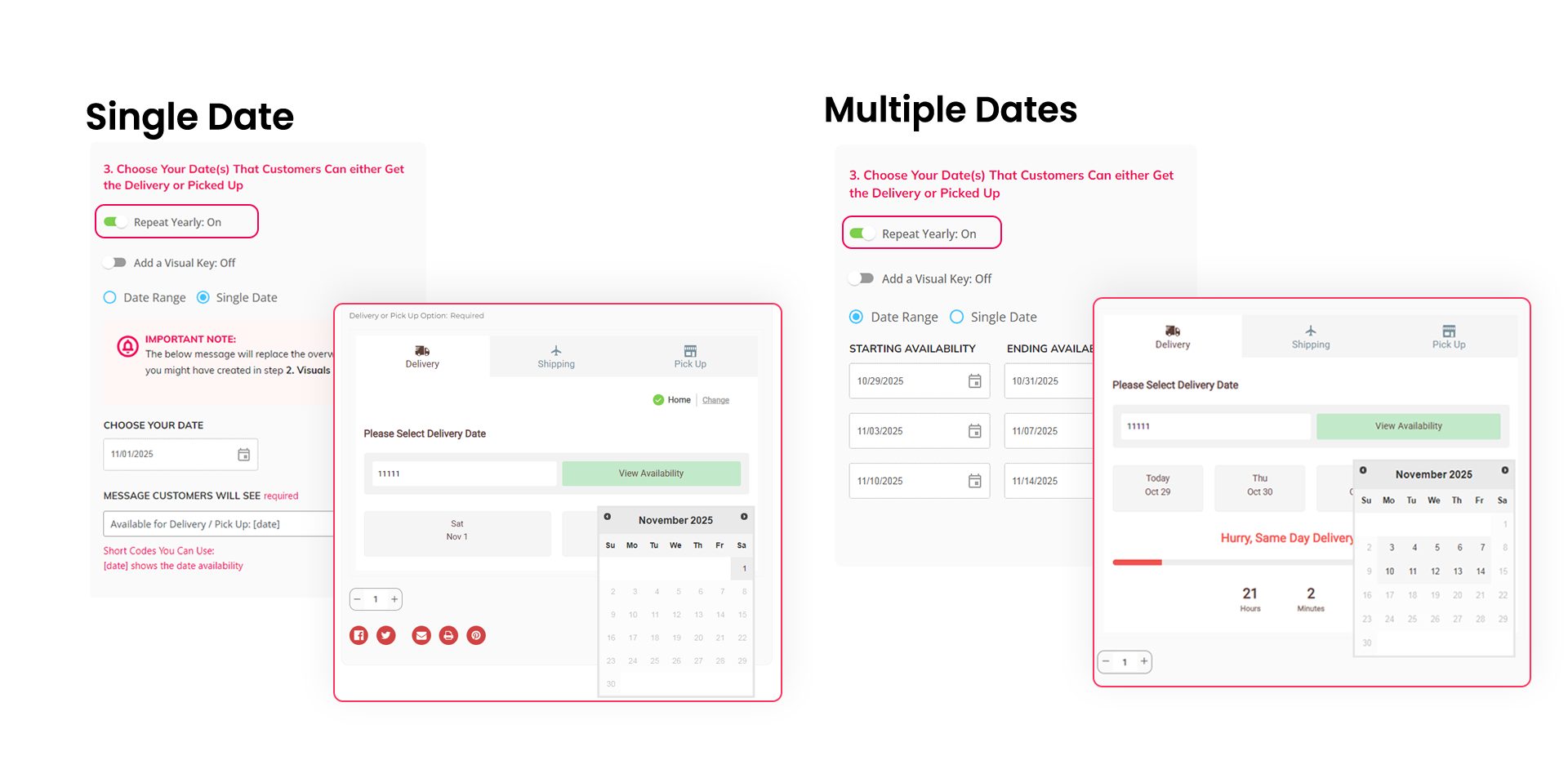 Multiple date ranges for preorders and offers, with eLocal app instructions for yearly auto-repeats.