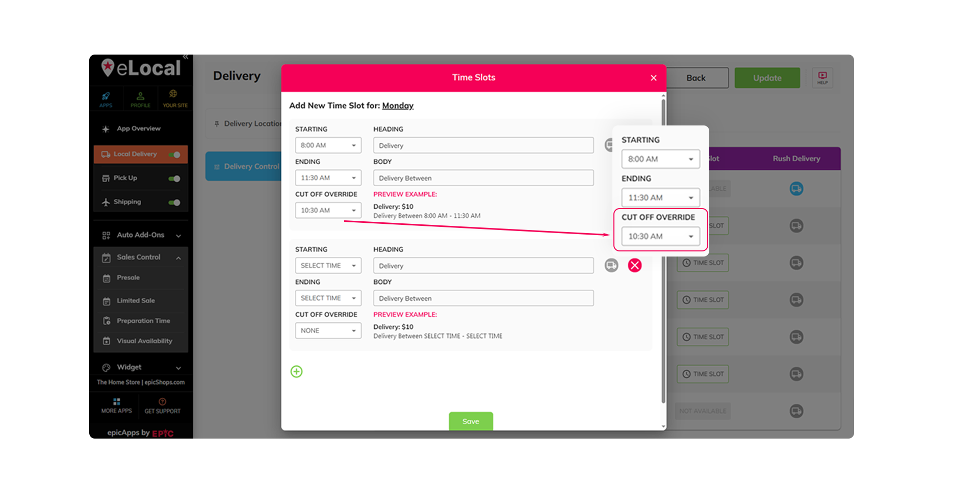 eLocal app interface, highlighting options for custom cut-off times for each delivery time slot.