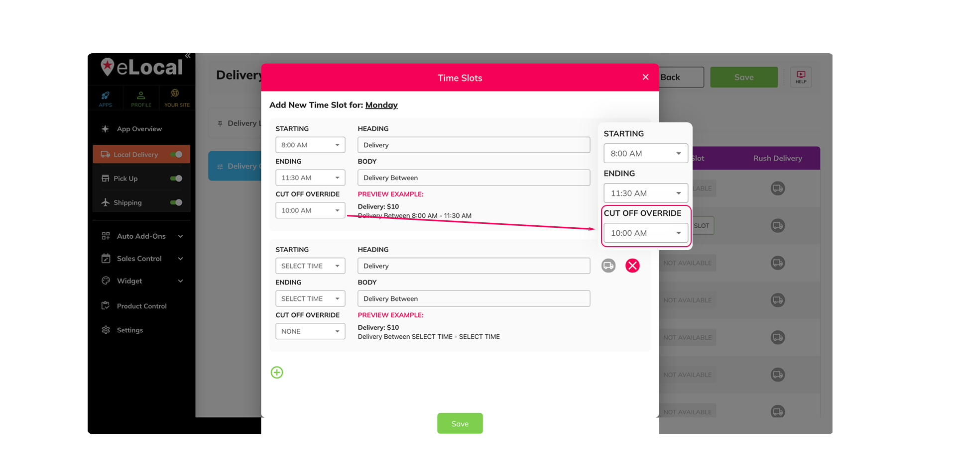 eLocal app interface, highlighting options for custom cut-off times for each delivery time slot.