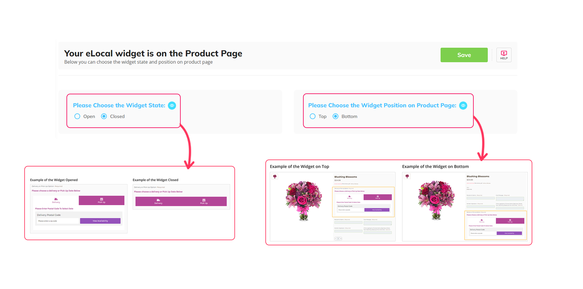 eLocal app featuring the eLocal widget's state and placement on product pages.