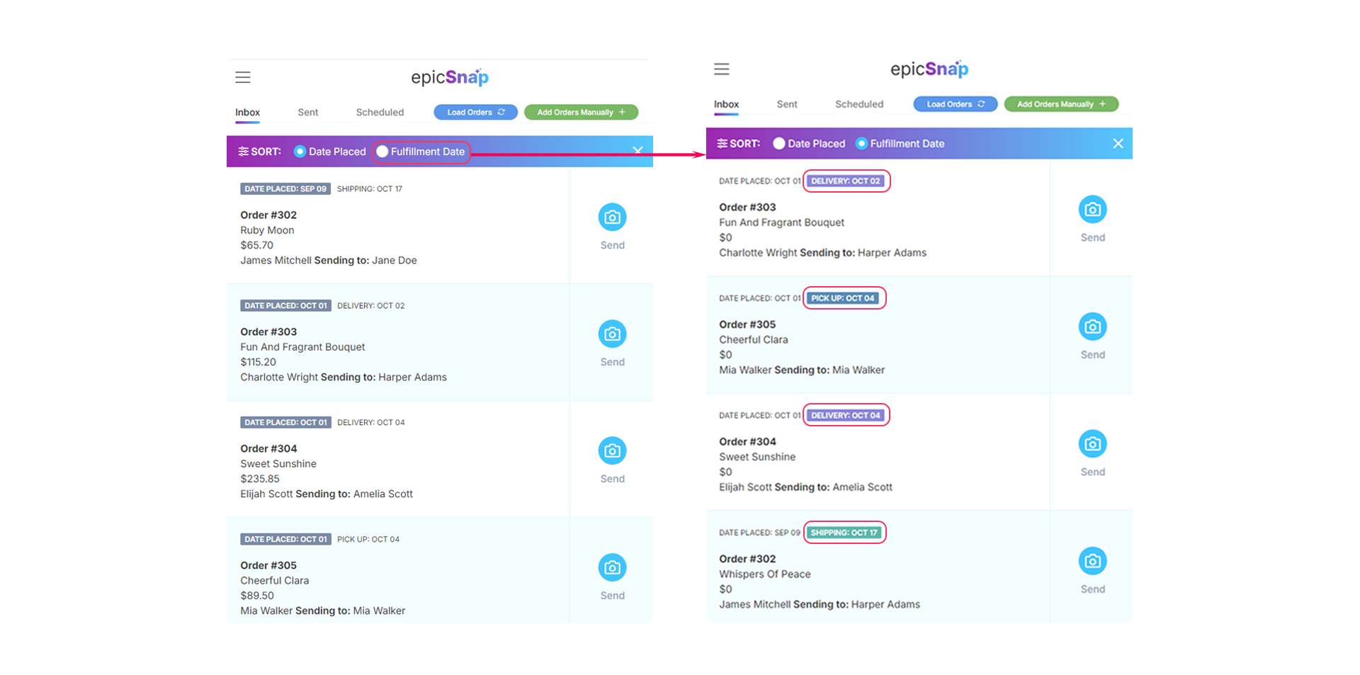 An epicSnap App dashboard easily sort and prioritize orders by delivery, pickup, or shipping date instead of date placed.