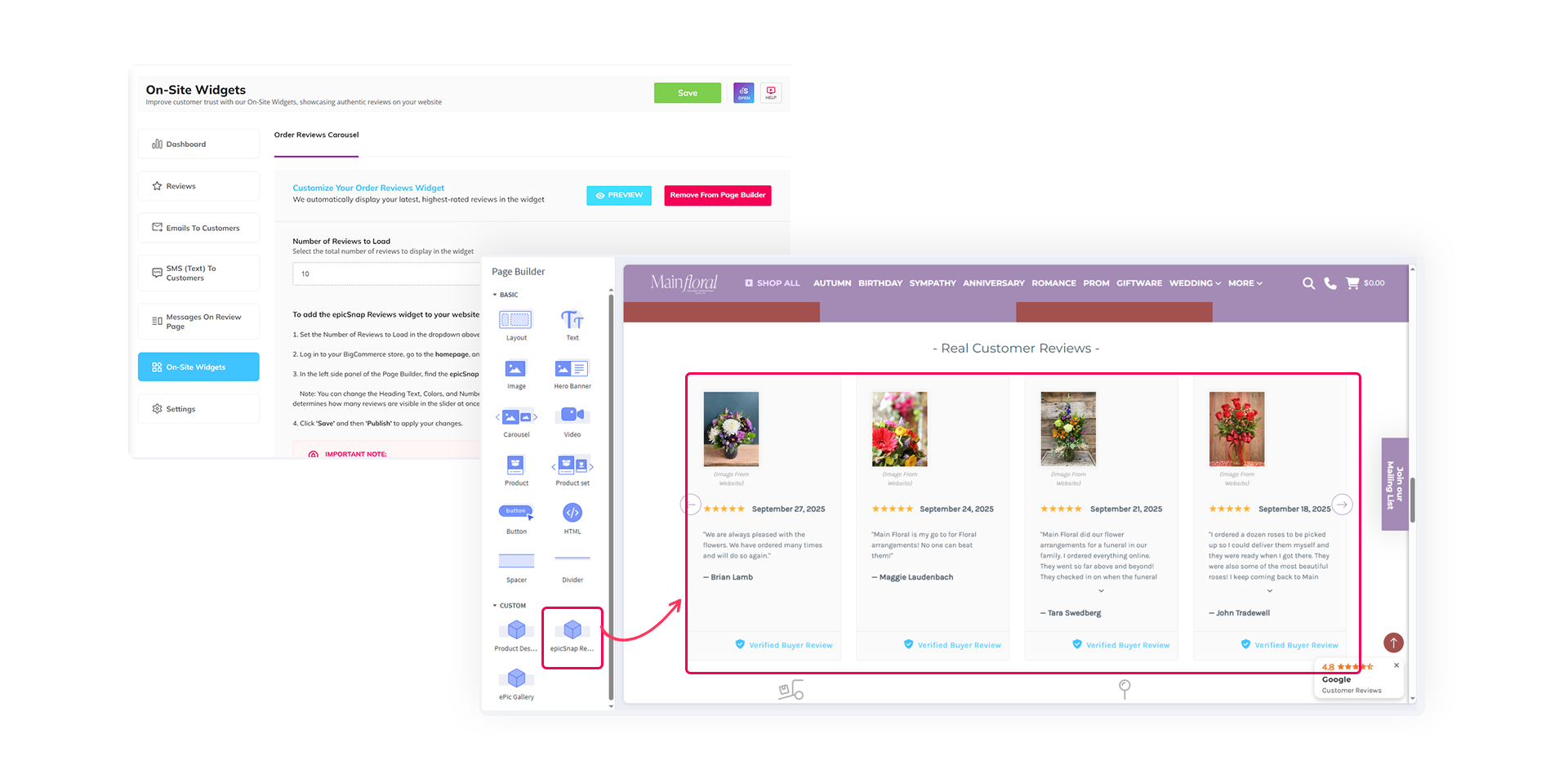 An epicSnap App dashboard show your best reviews anywhere on your site with a customizable carousel.