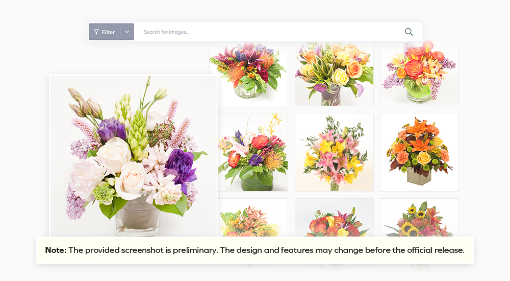 Product image picker showing nine bouquet thumbnails and one enlarged preview, with Filter and search controls.