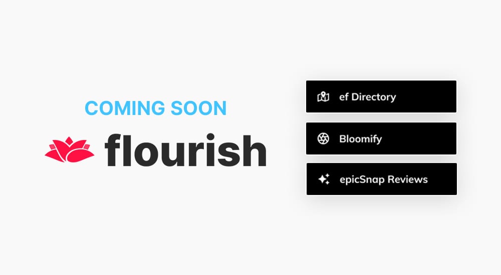 Coming soon for “flourish” with red lotus logo; side panel lists ef Directory, Bloomify, and epicSnap Reviews.