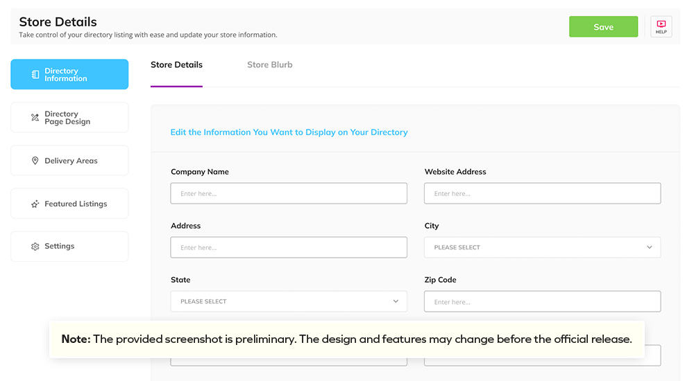 Sidebar highlights Directory Information; tabs for Store Details and Store Blurb; note: preliminary screenshot.