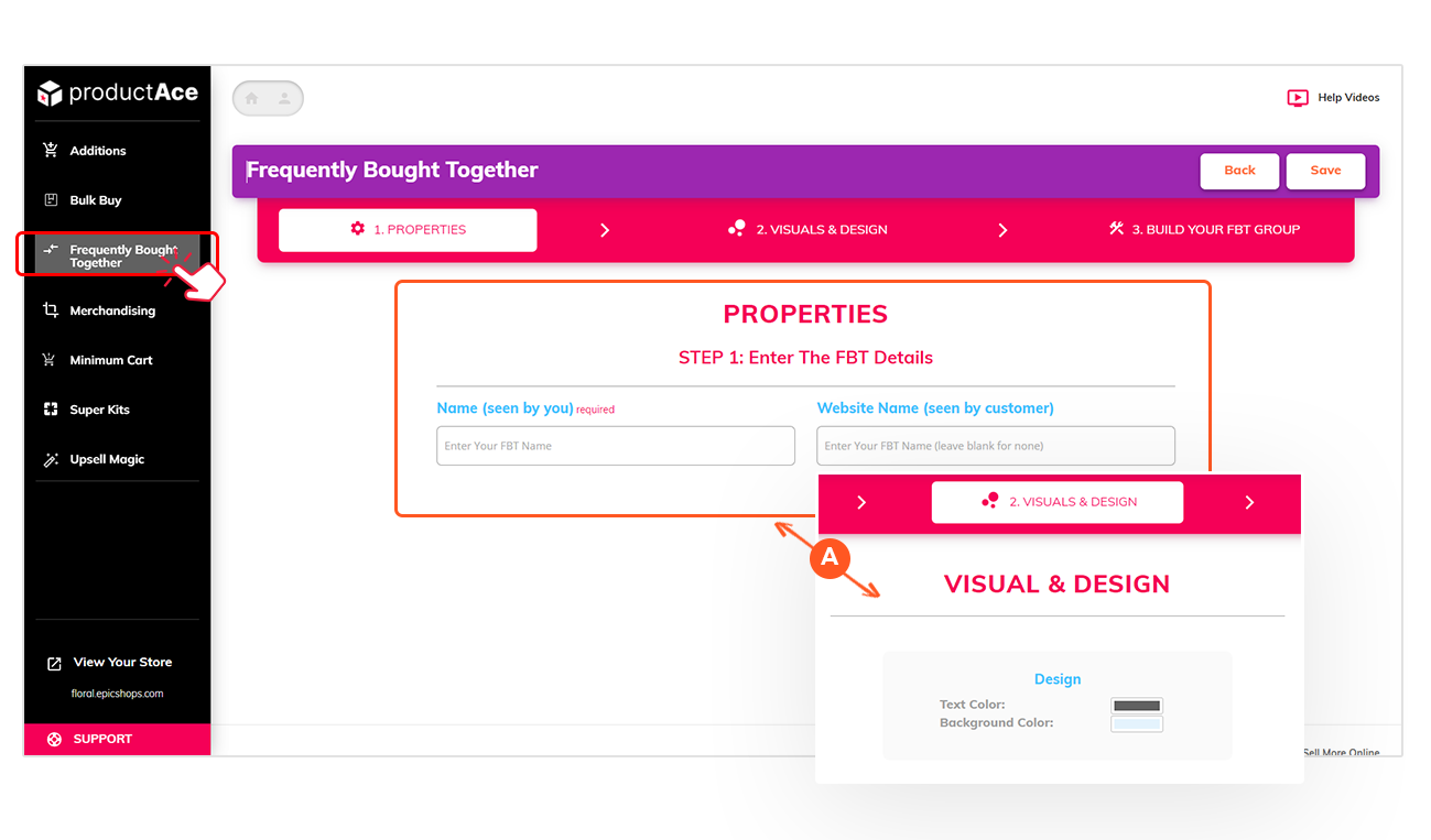 productAce FBT setup—Properties view with name fields; Visuals & Design tab visible; Save button top right.