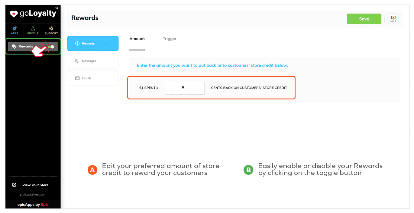 goLoyalty dashboard: set cents-back per dollar for store credit (example 5¢), enable Rewards with toggle, then Save.