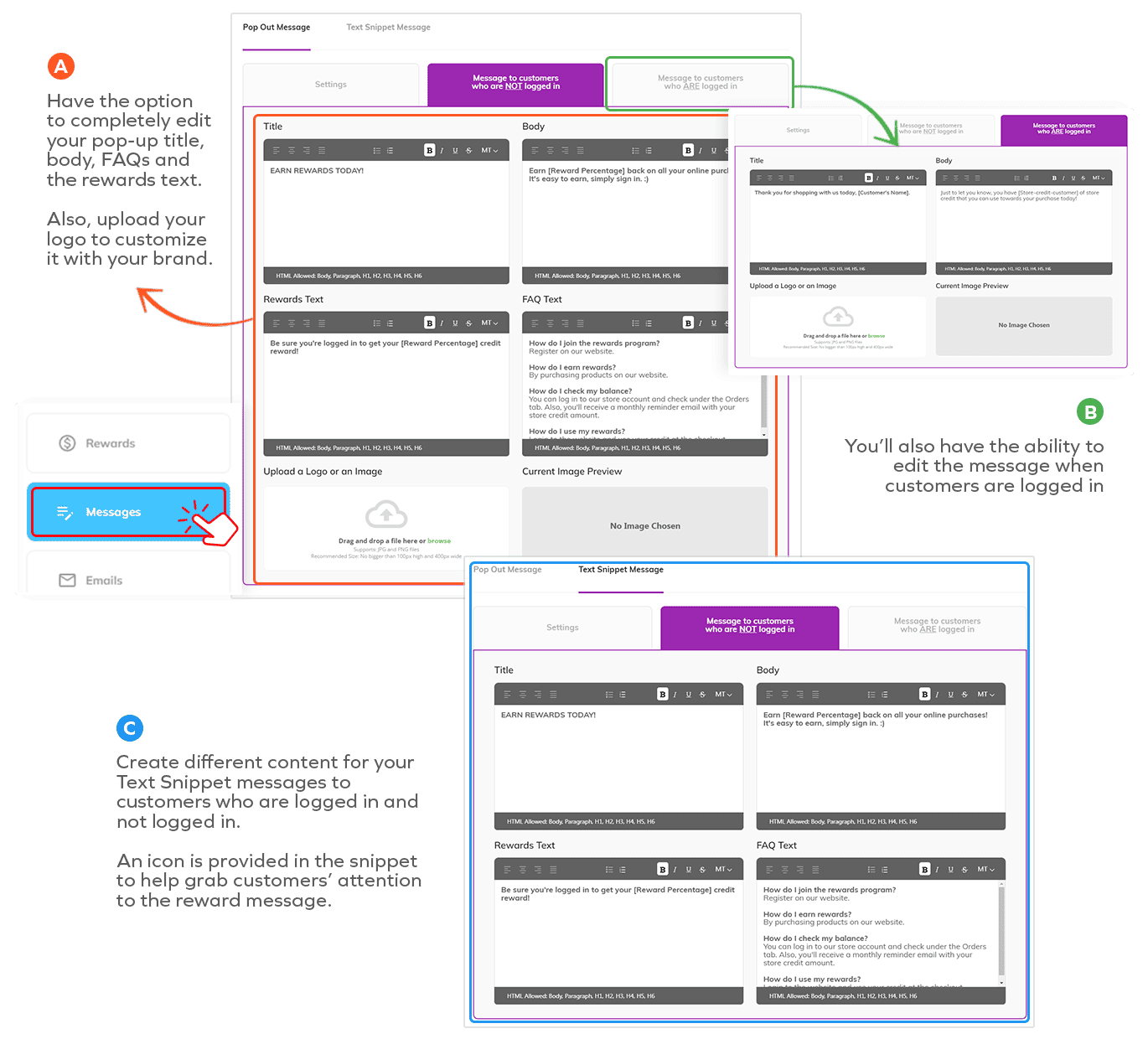 goLoyalty Messages editor: edit pop-up title, body, FAQ, rewards; set separate text for logged in and not logged in users.