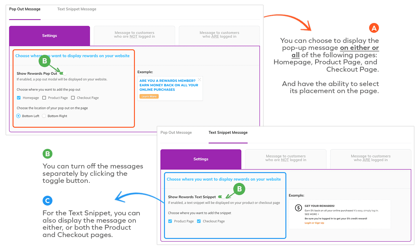 goLoyalty settings to show rewards pop-up on Home, Product, or Checkout pages, with placement and text snippet toggles.