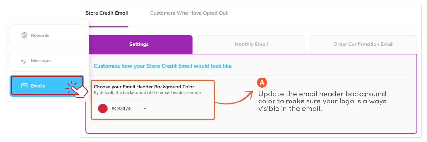 goLoyalty Emails tab—Store Credit Email settings with a color picker to set the email header background color.