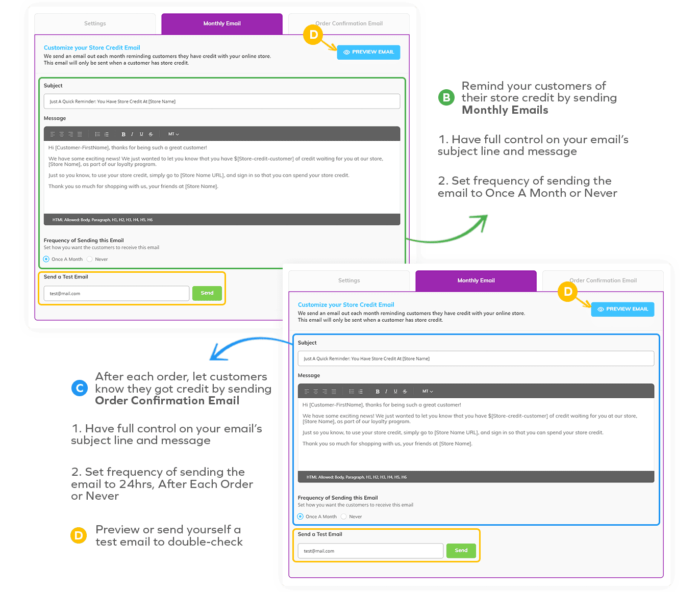 goLoyalty Monthly Email editor with subject, message field, frequency settings, and Preview Email plus Send Test options.