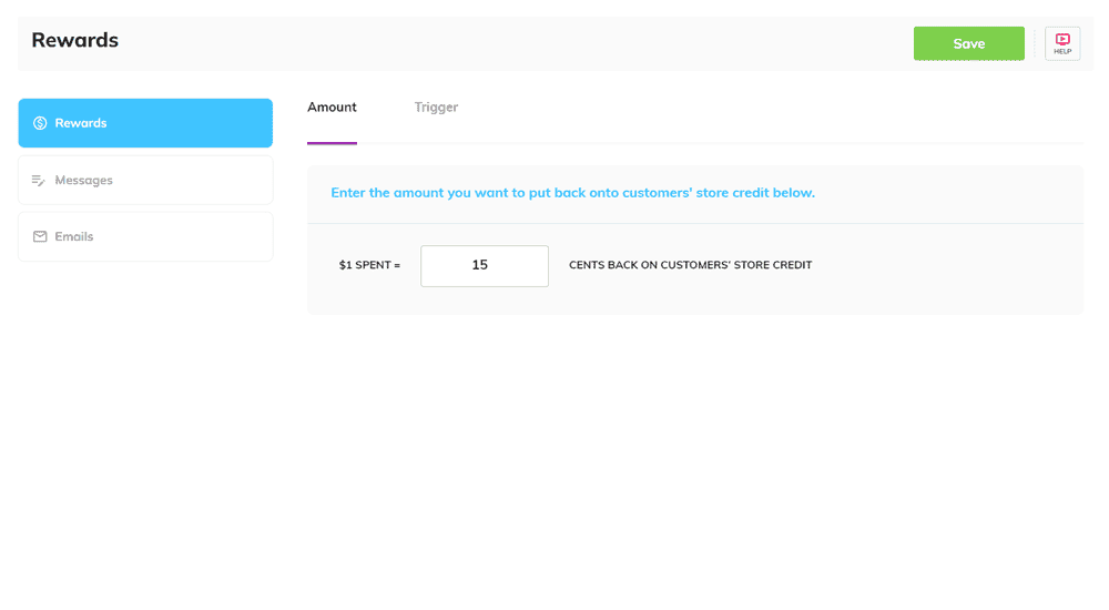 goLoyalty Rewards screen showing Amount: $1 spent returns 15 cents store credit; Save button at top right.