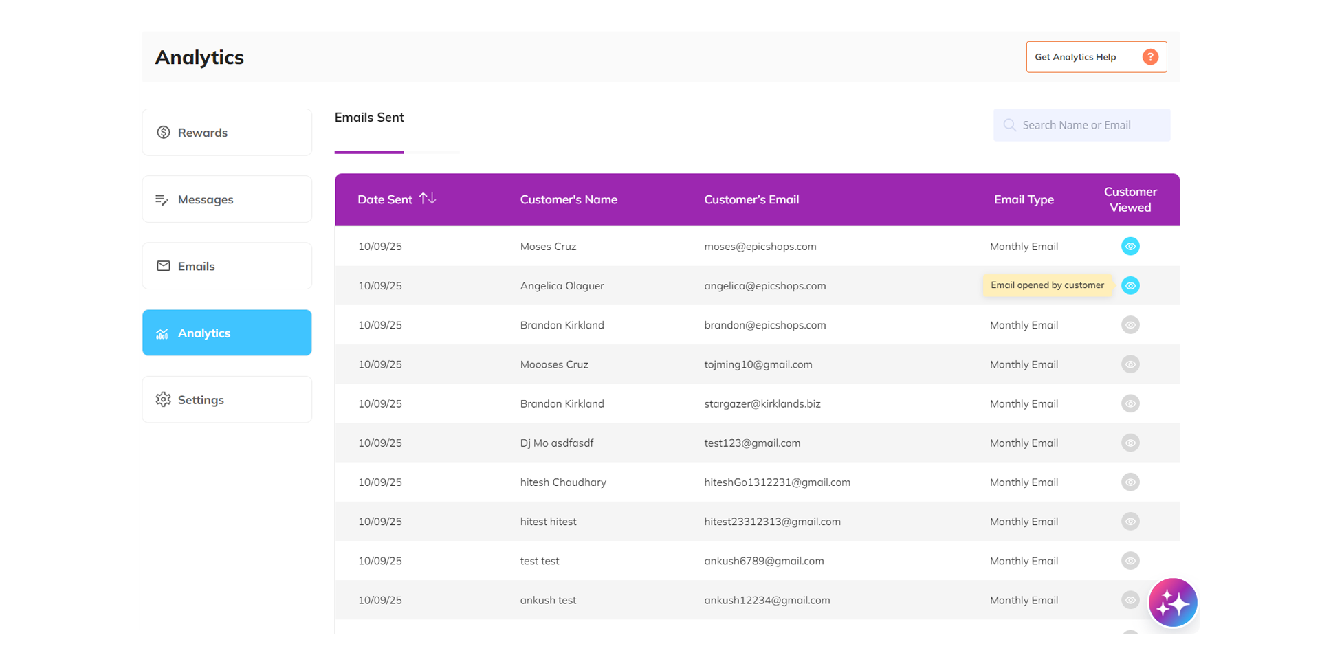 goLoyalty app dashboard featuring an Analytics section to monitor customer interactions with monthly and order emails.