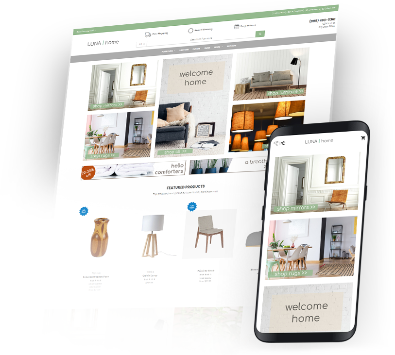 LUNA Home furniture theme on desktop and phone, showing decor hero tiles and featured products: vase, table lamp, and chair. LUNA Home furniture theme on desktop and phone, showing decor hero tiles and featured products: vase, table lamp, and chair.