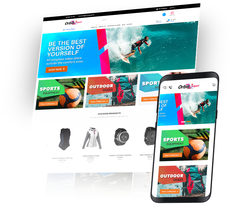 Orbit Sport website mockup on desktop and mobile with surfer hero banner and sports/outdoor category tiles. Orbit Sport website mockup on desktop and mobile with surfer hero banner and sports/outdoor category tiles.