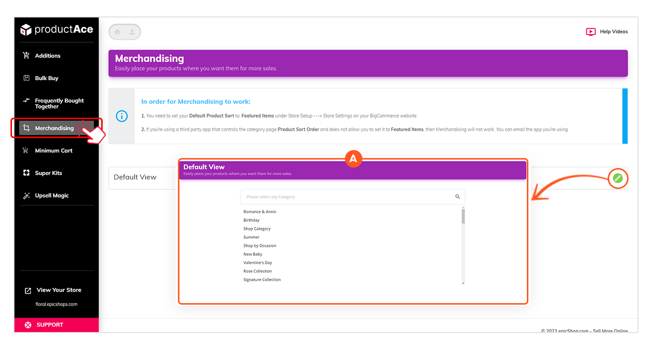 productAce Merchandising screen showing setup instructions and category selector; edit pencil icon on the right.