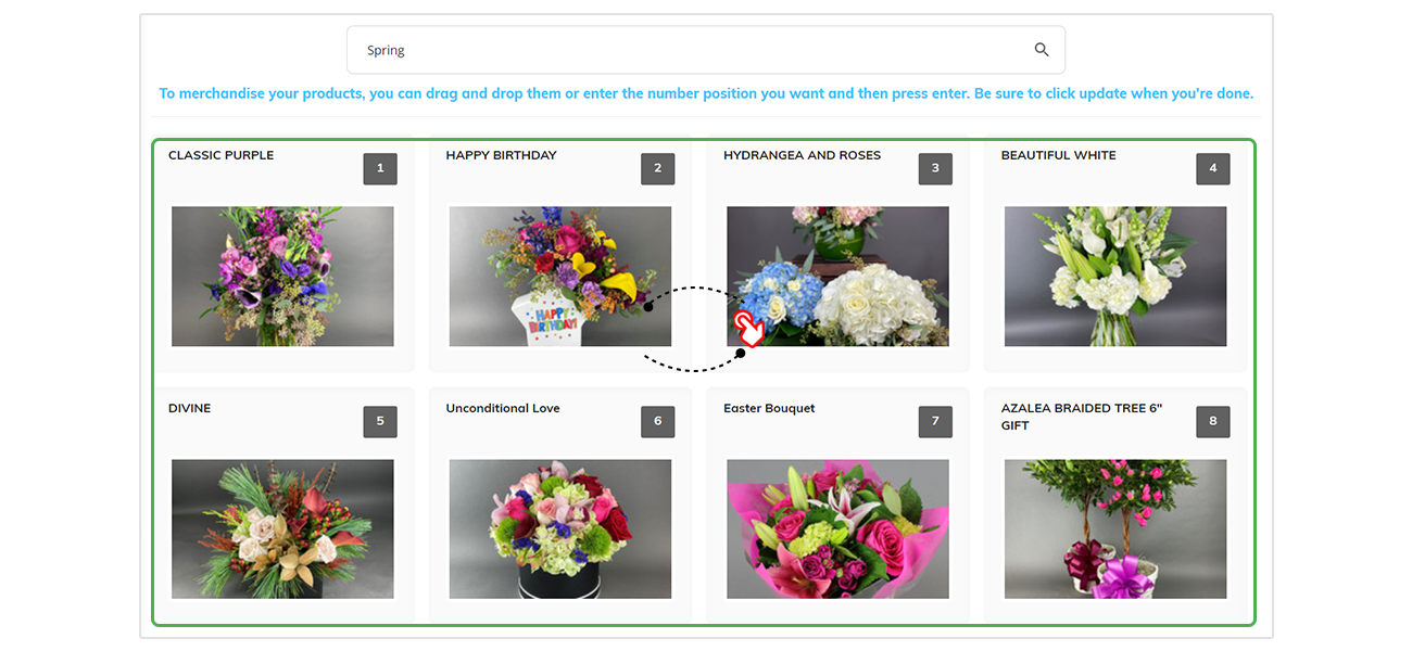 productAce Merchandising grid for “Spring”—drag-and-drop product tiles numbered 1–7 to set order.