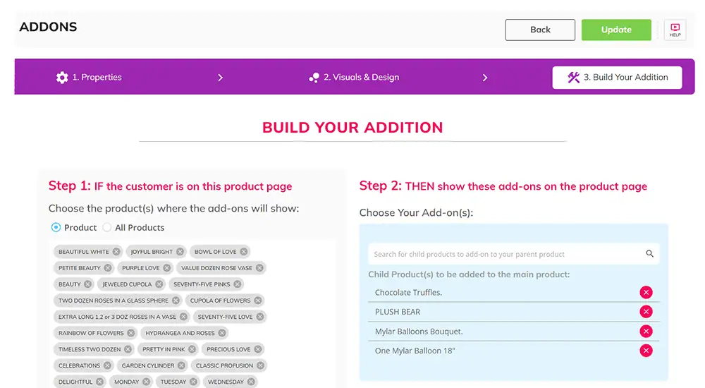 productAce Add-ons builder showing Step 1 product selection and Step 2 add-on list with truffles, plush bear, and balloons