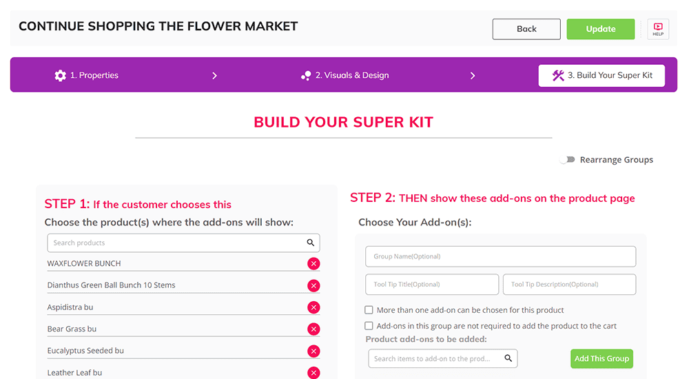 productAce Super Kits screen showing “Build Your Super Kit”: Step 1 product list left, Step 2 add-ons group fields right.