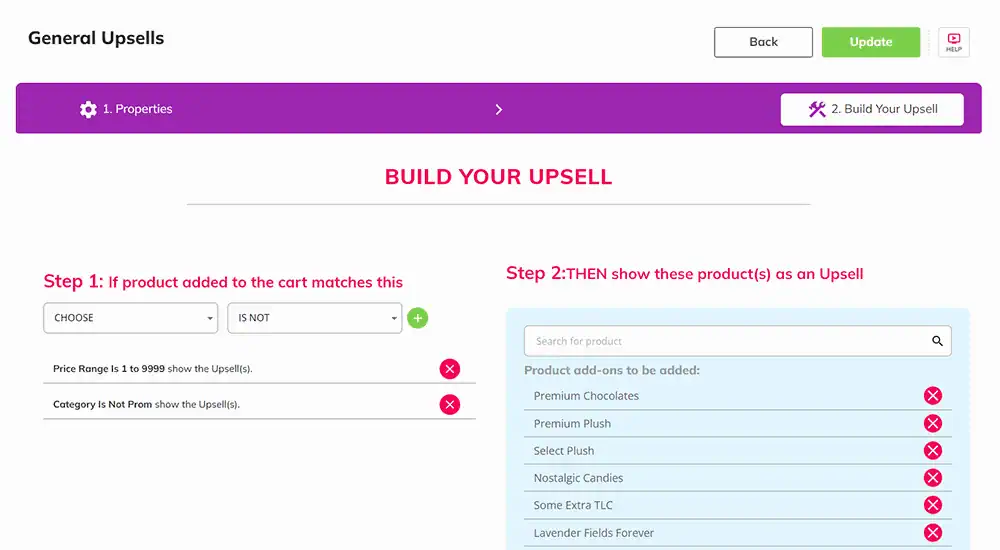 Admin view of productAce Upsell Magic showing condition dropdowns left and chosen upsell items right; Update button.