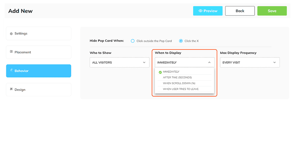 popCards Behavior screen: set hide action, audience, display timing (dropdown open), and display frequency; Preview/Save shown.