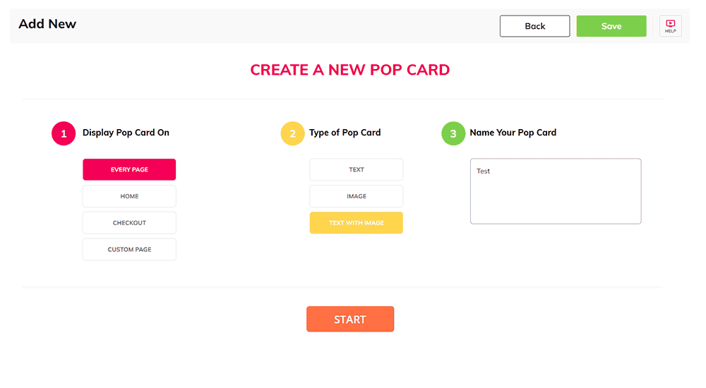 popCards settings—Create a New Pop Card screen with page placement, card type (text/image), name field, and orange Start button.