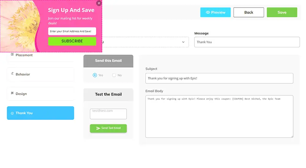 popCards admin with “Sign Up and Save” email popup and Thank-You settings: subject, body, test email, Preview, Save.