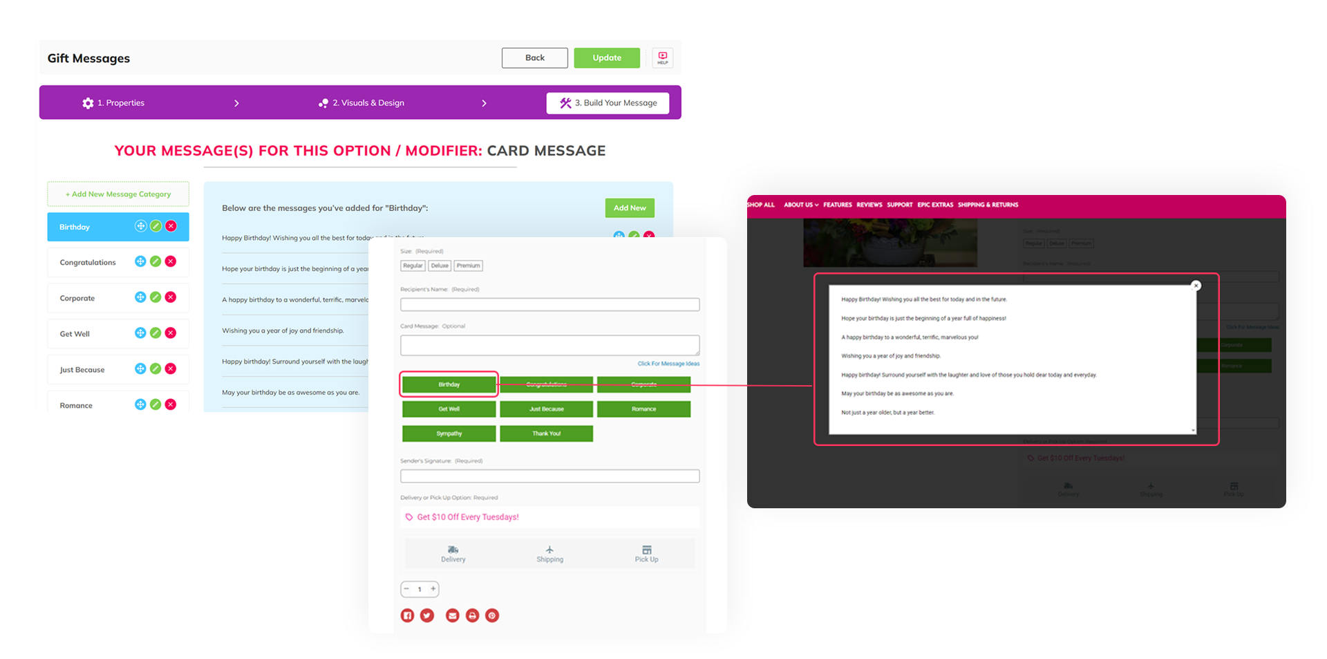 A pageBuilder Pro app's dashboard shows custom card messages on the product page for the customer to choose from