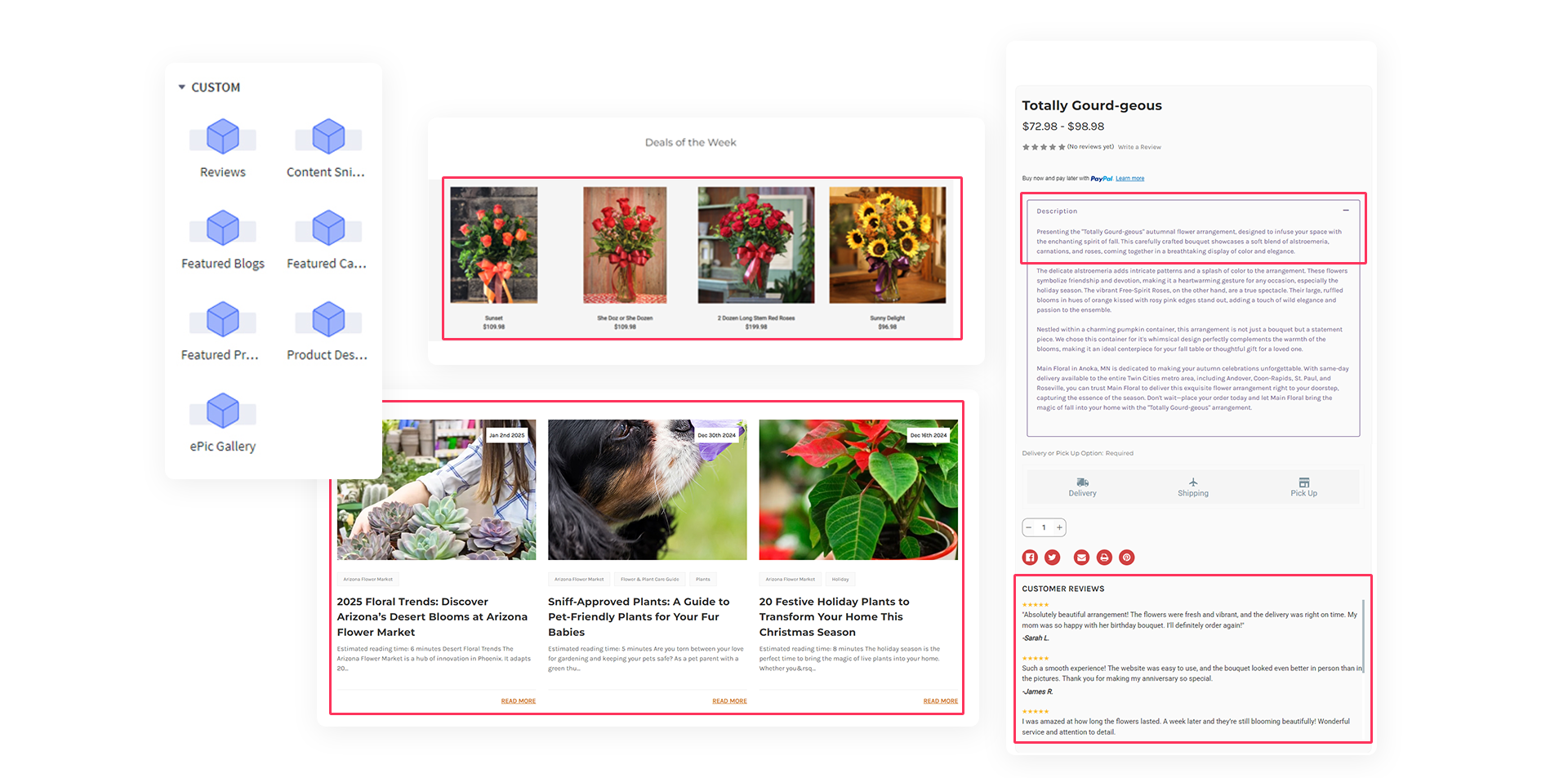 A pageBuilder Pro app shows to customized design widgets with added functionality like featured categories, products, blogs, image gallery, reviews, and more.