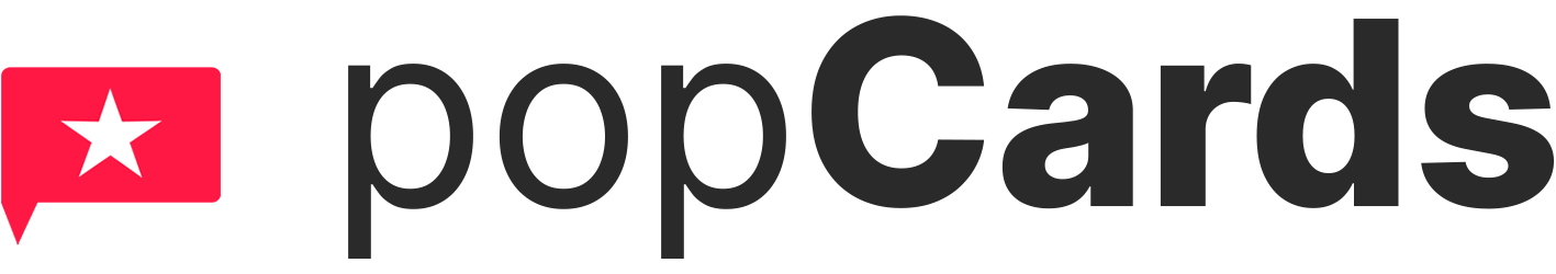popCards logo: red speech bubble with white star icon to the left of bold black “popCards” wordmark. popCards logo: red speech bubble with white star icon to the left of bold black “popCards” wordmark.