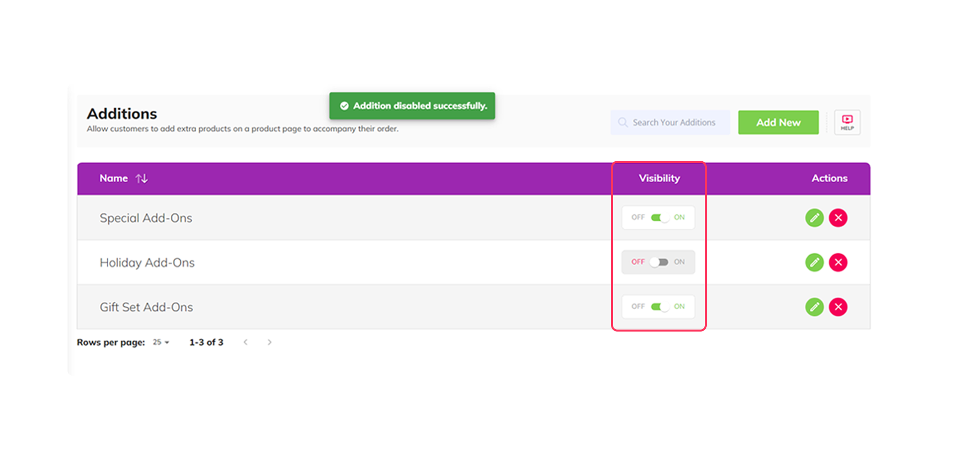 A productAce app's dashboard displays how to manage visibility settings for Addition, SuperKits, and Upsell Magic.