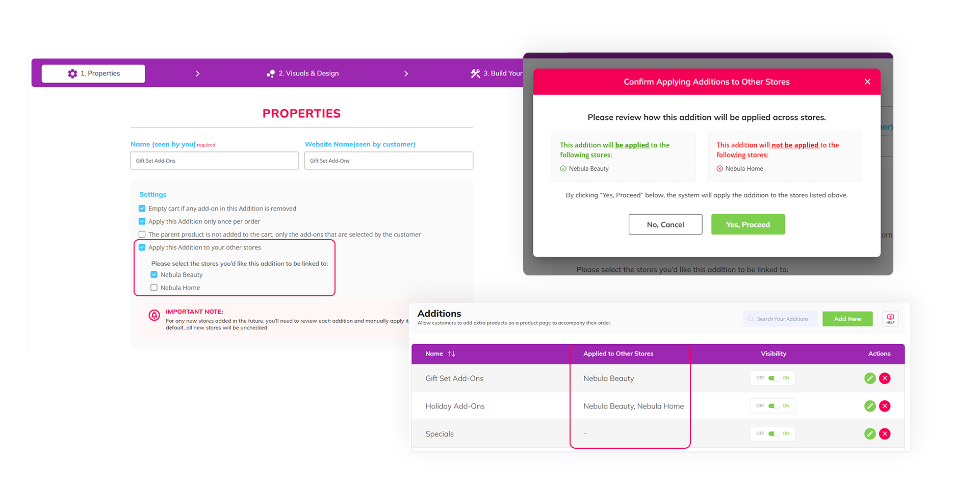 An epicSnap App dashboard shows that for Multi-storefront accounts, you can now sync your Additions, Superkits, and Upsell Magic to all of your stores in one place.