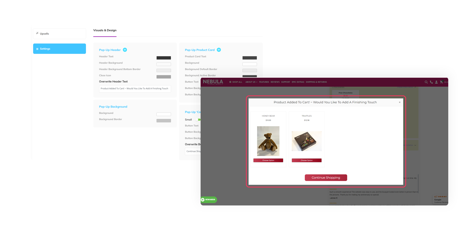 A productAce App dashboard displays how to add an option to limit the quantity of each add-on/upsell.