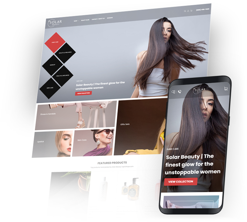 Solar Beauty hero banner on desktop and phone, showing hair-care hero image, category tiles, and View Collection button. Solar Beauty hero banner on desktop and phone, showing hair-care hero image, category tiles, and View Collection button.