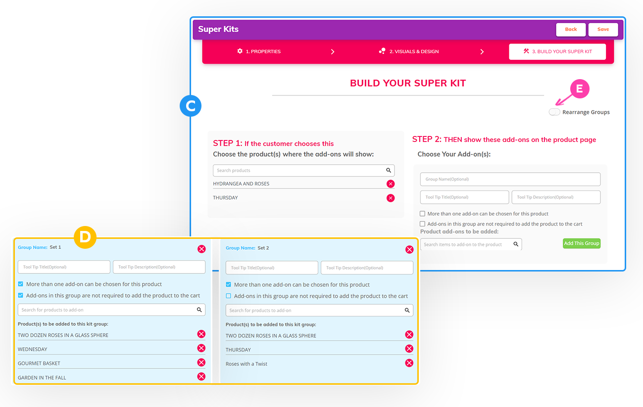 productAce Super Kits builder showing Step 1 choose products and Step 2 add-on groups, with Rearrange Groups toggle.