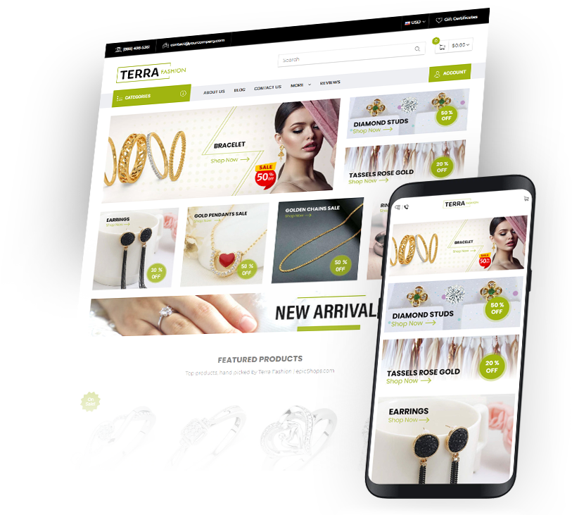 Terra Fashion jewelry storefront theme on desktop and phone, showing bracelets, diamond studs, and sale tags. Terra Fashion jewelry storefront theme on desktop and phone, showing bracelets, diamond studs, and sale tags.