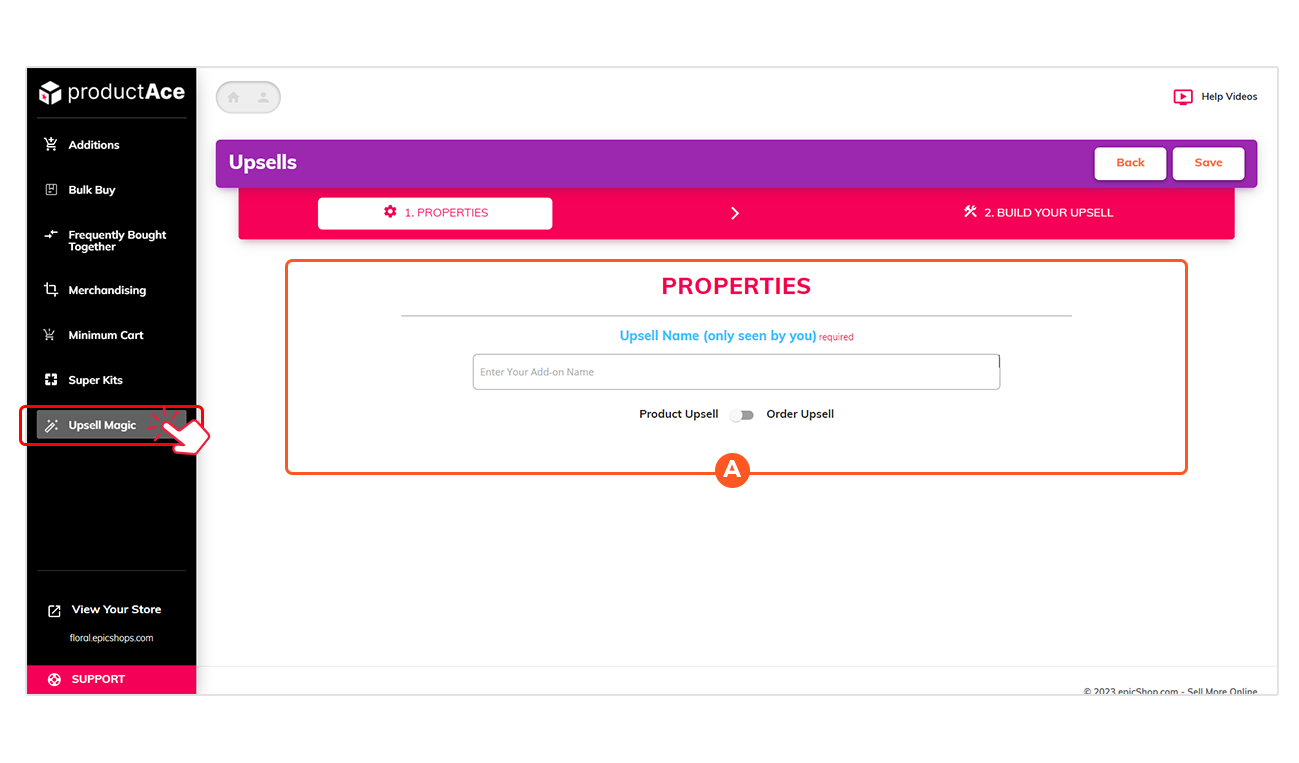 productAce Upsells Properties screen with Upsell Name field and Product/Order toggle; Upsell Magic menu item highlighted.