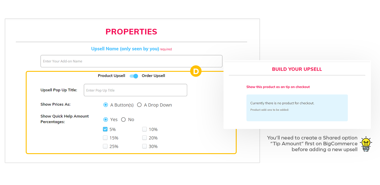 productAce Upsells Properties with Upsell Name, Product/Order toggle, tip percentages, and Build Your Upsell preview panel.