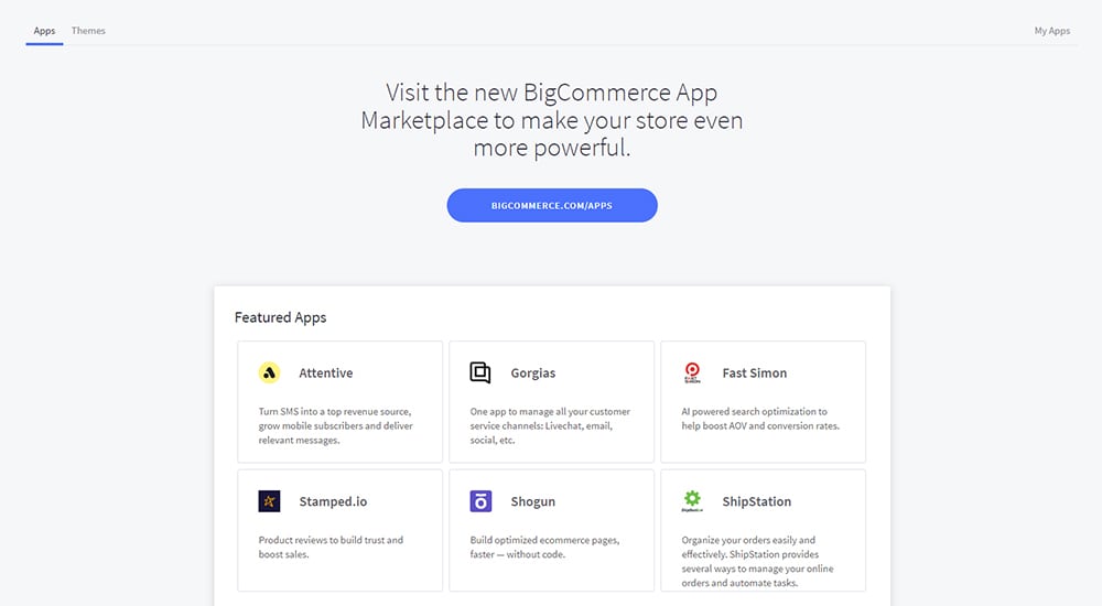 BigCommerce Apps page with App Marketplace banner, CTA button, and a featured apps grid.