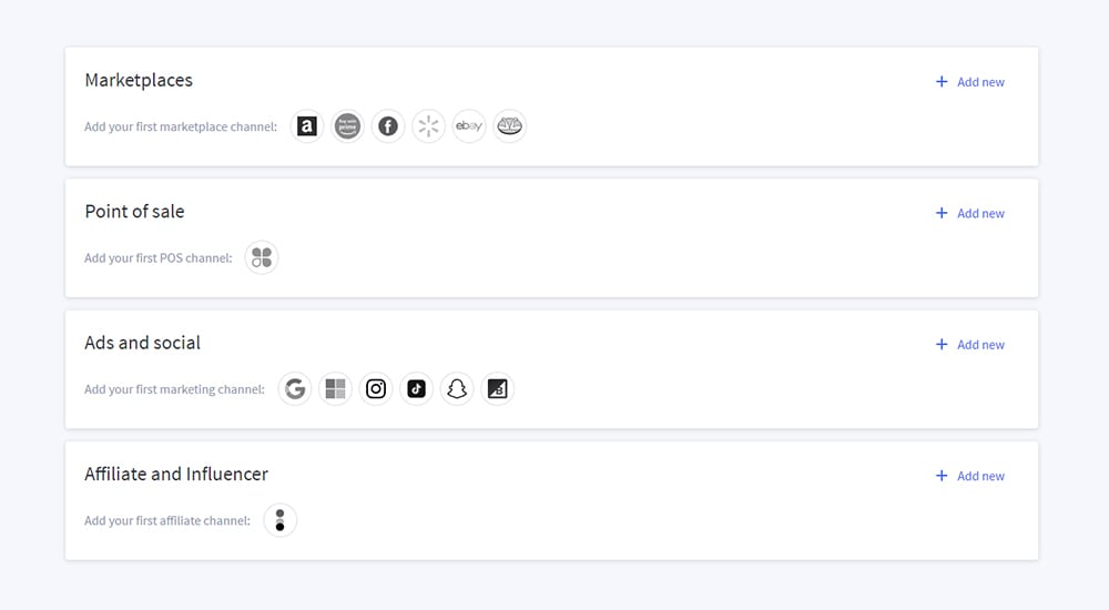 Sales channels setup screen listing Marketplaces, POS, Ads & Social, and Affiliate sections with icons and ‘Add new’ links.