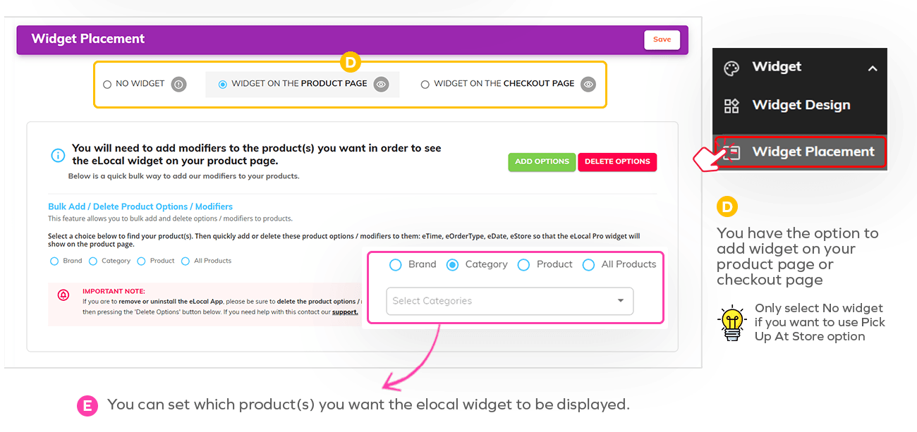 Widget Placement screen with options: No Widget, Product Page, or Checkout Page; choose categories or products for display.