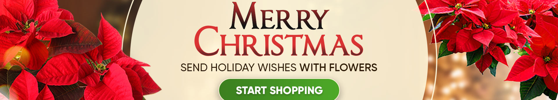 Merry Christmas banner with red poinsettias framing text “Send holiday wishes with flowers” and a green “Start Shopping” button.