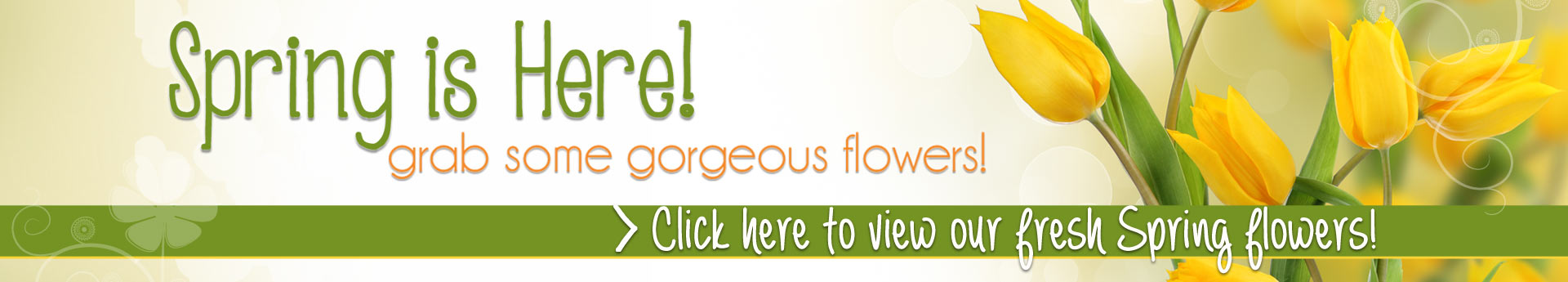 Spring is Here banner with yellow tulips and green ribbon; text invites you to view fresh spring flowers.
