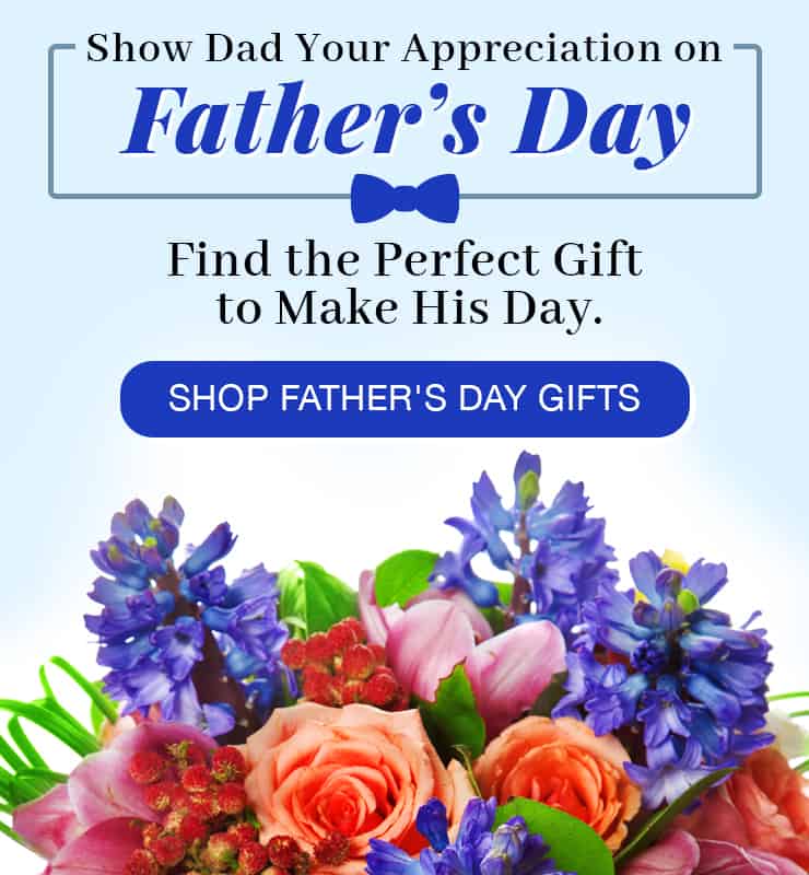 Father’s Day banner with blue bow tie, Shop Father’s Day Gifts button, and bouquet of hyacinths plus pink and orange roses.