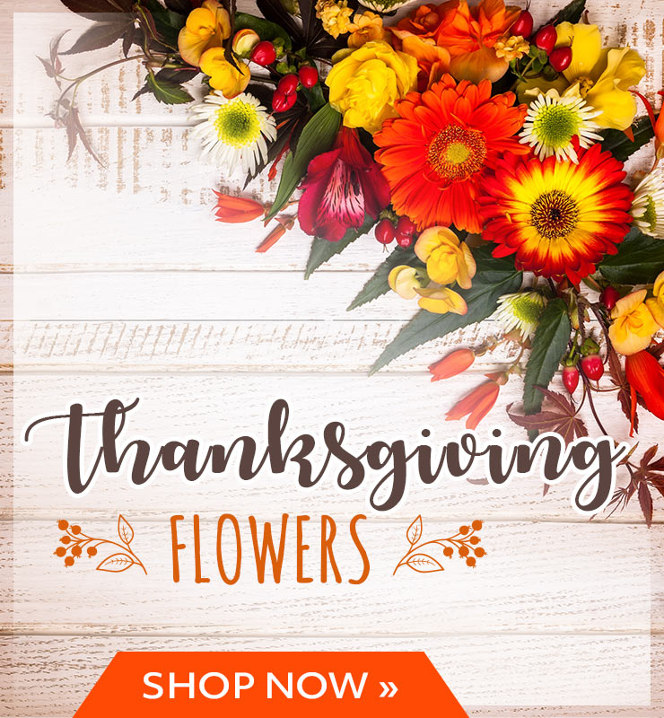 Thanksgiving flowers banner with bright orange and yellow bouquet on rustic wood and an orange Shop Now button.